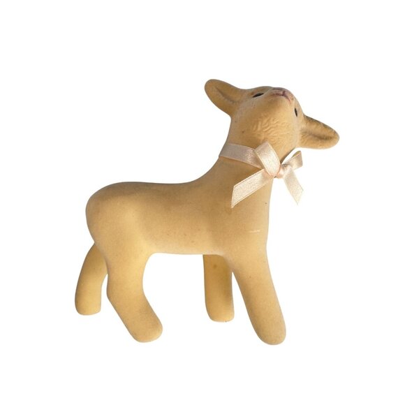 Vintage Midcentury Flocked Lamb Figurine W/ Satin Bow 7.5" - Picture 6 of 9